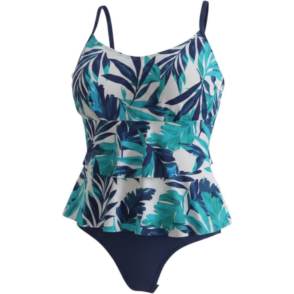 Wowease Missy Tropical Palm Print Ruffle Swimsuit Navy TealWhite 8 Unsnap Bottom
